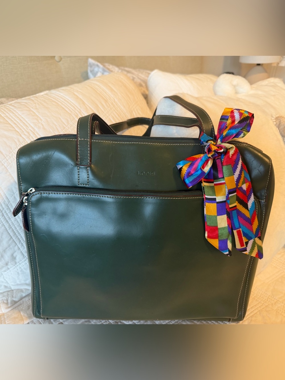 Lodis Audrey Forest Green Leather Laptop Tote with Scarf 14x13